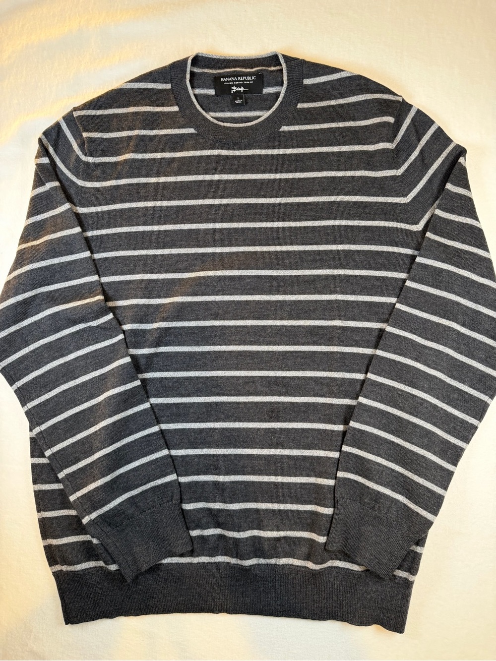 Banana Republic Italian Merino Wool Striped Crewneck Sweater Gray Mens Large